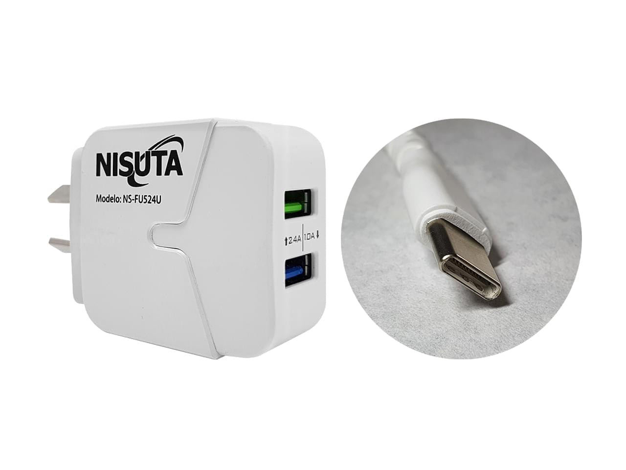 CARGADOR USB DE 2 PUERTOS Y 2.4A USB C DE 1M